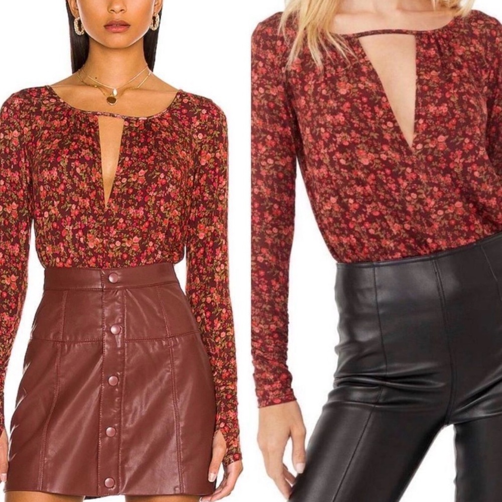 Intimately Free People Floral Long Sleeve V-Neck Bodysuit Burgundy Small
